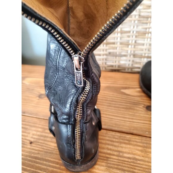 Vintage Frye Black Leather Knee-High Boots With Buckle & Zipper Detail Size 8 - Picture 9 of 10
